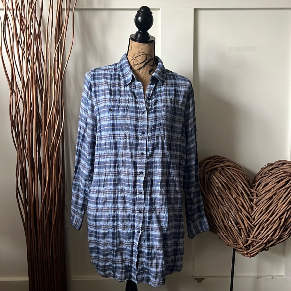 Hippie Laundry Blue Plaid Long Sleeve High Low Tunic